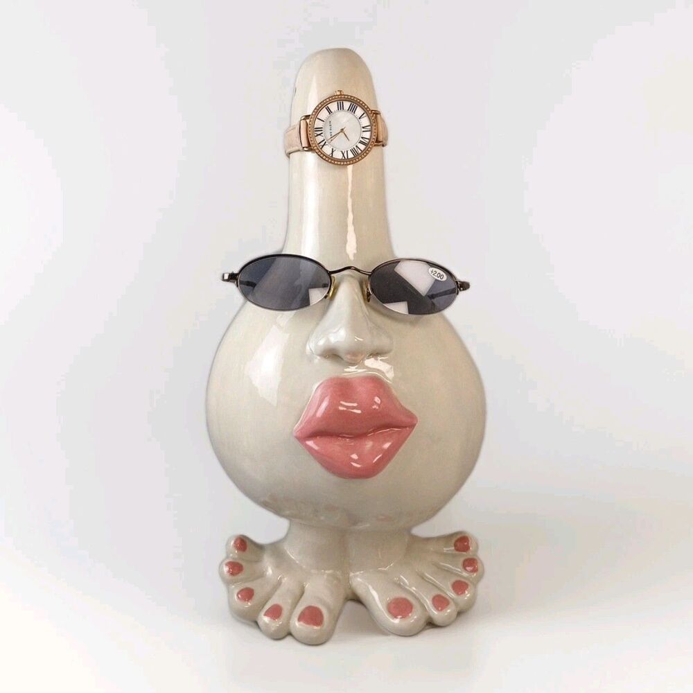 Ceramic Pottery Eyewear and Bracelet Holder Hand Painted Face and Feet Humor Fun